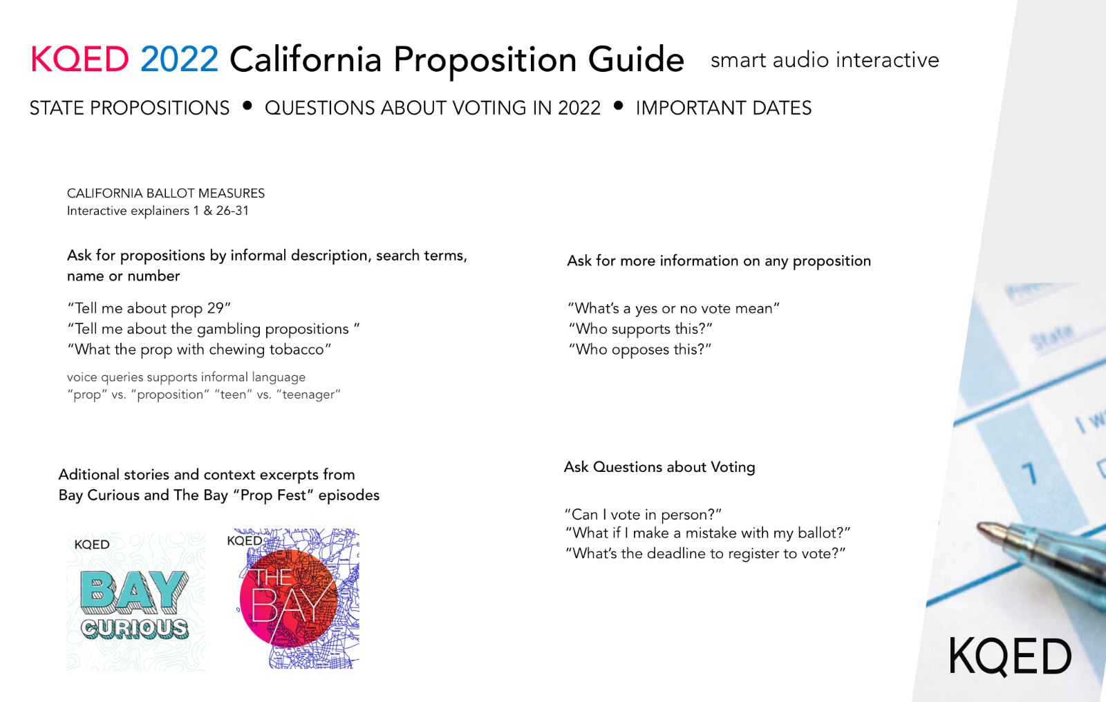 A KQED planning document for the 2022 California Proposition Guide, listing the phrasings a voter could use to ask about a measure and the follow-up questions the guide could answer.